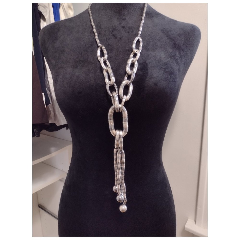 Chico's Long Muliti-Silver Tone Snake Necklace with multiple loops and balls